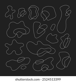 Vector illustration of abstract organic shapes with thin white outlines on a black background. Ideal for modern art, abstract design, and creative pattern creation.