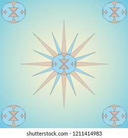 vector illustration abstract ornament pattern of four ornaments in the corners with a star wind rose in the center on a beige background.