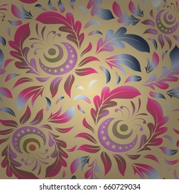 Vector illustration. Abstract ornament seamless pattern in the style of baroque. Traditional classic pattern in pink and blue colors.