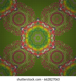 Vector illustration. Abstract ornament seamless pattern in the style of baroque. Traditional classic pattern in pink and green colors.