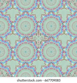 Vector illustration. Abstract ornament seamless pattern in the style of baroque. Traditional classic pattern in pink and green colors.