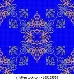 Vector illustration. Abstract ornament seamless pattern in the style of baroque. Traditional classic pattern in violet, green and yellow colors.