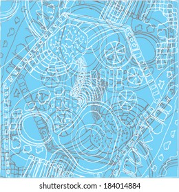 A vector illustration of an abstract ornamental drawing. Outline linear doodle. Blue, baby color.