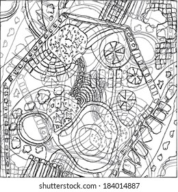 A vector illustration of an abstract ornamental drawing. Outline linear doodle. Black & White.