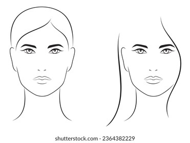 Vector illustration of abstract, outline fashion female faces, set of girls portrait, front view, isolated, on white background. 