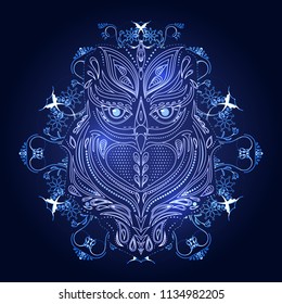 Vector illustration of an abstract owl from an ornament. Postcard lace.