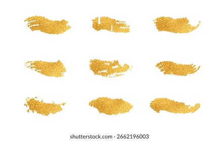 Vektorgrafik von Abstrakte Paint Textures High Resolution Gold Brush Stroke Collection. Metallic Gold Farbe Streifen, Elegant golden, Splash Gold Folie Textur-Set. Transparenter Hintergrund.
