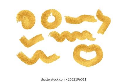 Vector illustration of Abstract Paint Textures High Resolution Gold Brush Stroke Collection. Metallic gold paint streaks, Elegant golden, Splash Gold Foil texture set. Transparent background banner.