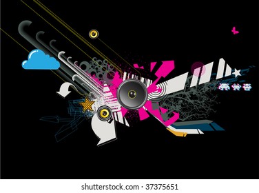 Vector illustration of abstract party design with urban music scene