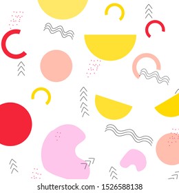 vector illustration. Abstract pattern. Circles, semicircles, ovals, arbitrary areas, points, arrows and waves. Red, orange, yellow colors