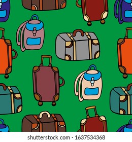 Vector illustration. Abstract pattern in the form of multi-colored suitcases and backpacks. Design of wallpaper, cards, covers, print of clothes and textiles.