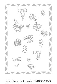 Vector illustration of abstract pattern includes bows, buttons, flowers,cups, cookies. Shades of grey.