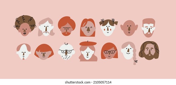Vector illustration abstract people faces, funny characters. Different icons for social media story highlight and avatars.