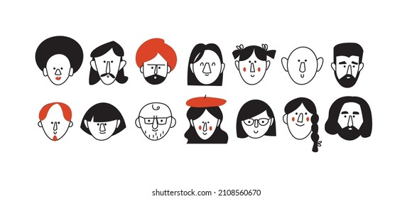 Vector illustration abstract people faces, funny characters. Different icons for social media story highlight and avatars.