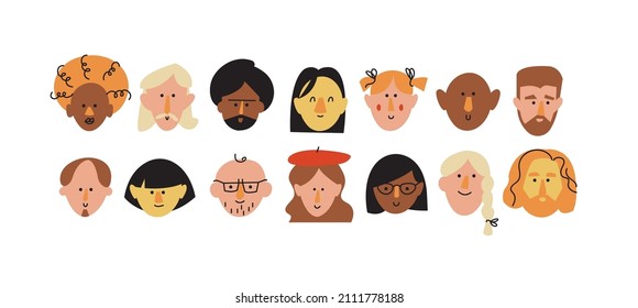 Vector illustration abstract people faces, funny characters. Different icons for social media story highlight and avatars.