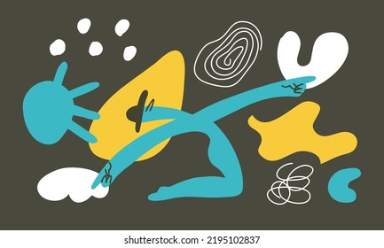 Vector illustration of abstract person dancing among geometric figures. Character moving showing hand gesture. Art design elements on black background. Male creature, contemporary graphic, shape, line