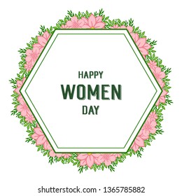 Vector illustration abstract pink flower frame with happy women day invitation cards hand drawn