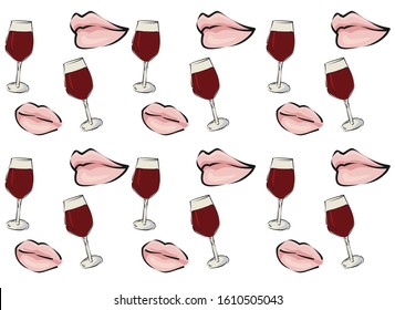 vector illustration, abstract pink lips and glass of red wine on a white background, pattern