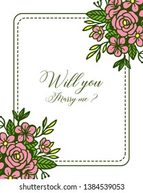 Vector illustration abstract of pink rose bouqet frame for greeting card will you marry me hand drawn