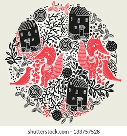  vector illustration of an abstract planet with animals, houses and plants