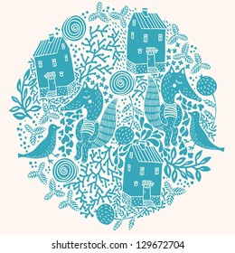 vector illustration of an abstract planet with funny animals, plants and houses