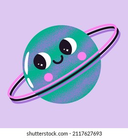 Vector illustration of abstract planet with rings. Cartoon saturn with cheeks in flat style. Cute bizzare space character with texture and face expression