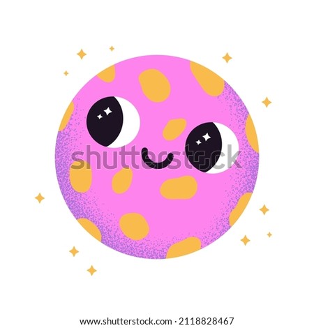 Vector illustration of abstract planet with spots. Cartoon space element. Cute bizarre cosmic character with texture and face expression