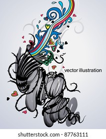 vector illustration of abstract plants and colorful  hearts