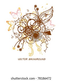 vector illustration of abstract plants and flying butterflies