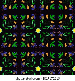 Vector illustration of abstract plants seamless pattern. Fantasy flowers branches ornament on black background. Hand drawn.