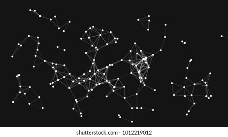 Vector illustration of an abstract plexus structure forming a geometric pattern on a black background. Network connection between dots and lines