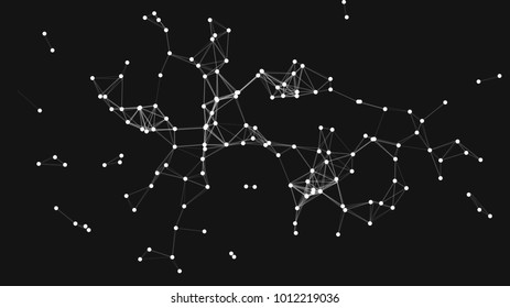 Vector illustration of an abstract plexus structure forming a geometric pattern on a black background. Network connection between dots and lines