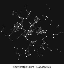 Vector illustration of an abstract plexus structure forming a geometric pattern on a black background. Network connection between dots and lines