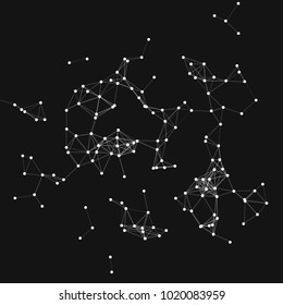 Vector illustration of an abstract plexus structure forming a geometric pattern on a black background. Network connection between dots and lines
