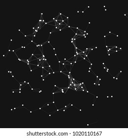 Vector illustration of an abstract plexus structure forming a geometric pattern on a black background. Network connection between dots and lines