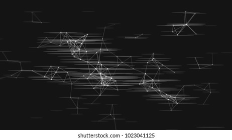 Vector illustration of an abstract plexus structure with glitch effect on a black background. Network connection between dots and lines.