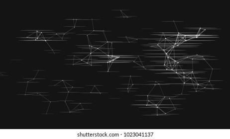 Vector illustration of an abstract plexus structure with glitch effect on a black background. Network connection between dots and lines.