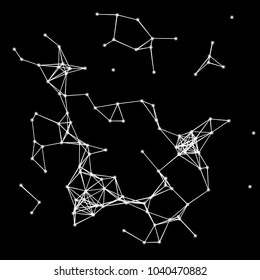 Vector illustration of an abstract plexus structure forming a geometric pattern on a black background. Network connection between dots and lines
