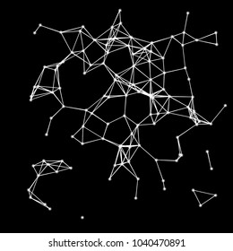 Vector illustration of an abstract plexus structure forming a geometric pattern on a black background. Network connection between dots and lines