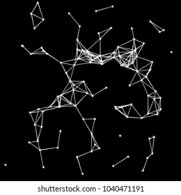 Vector illustration of an abstract plexus structure forming a geometric pattern on a black background. Network connection between dots and lines