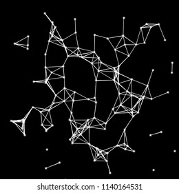 Vector illustration of an abstract plexus structure forming a geometric pattern on a black background. Network connection between dots and lines