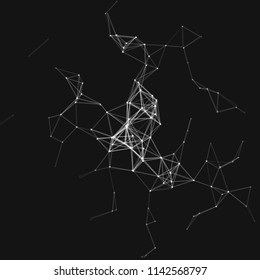 Vector illustration of an abstract plexus structure forming a geometric pattern on a black background. Network connection between dots and lines. Suitable for illustration of block chain technology.