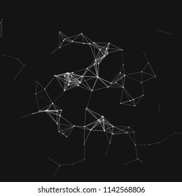 Vector illustration of an abstract plexus structure forming a geometric pattern on a black background. Network connection between dots and lines. Suitable for illustration of block chain technology.