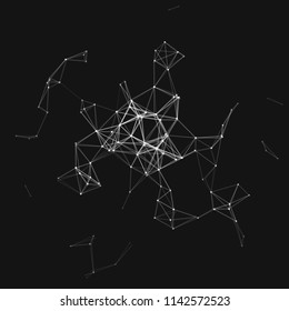 Vector illustration of an abstract plexus structure forming a geometric pattern on a black background. Network connection between dots and lines. Suitable for illustration of block chain technology.