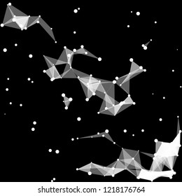 Vector illustration of an abstract plexus structure forming a geometric pattern on a black background. Network connection between dots and lines.