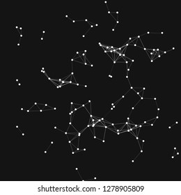 Vector illustration of an abstract plexus structure forming a geometric pattern on a black background. Network connection between dots and lines. Suitable for illustration of block chain technology.