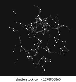 Vector illustration of an abstract plexus structure forming a geometric pattern on a black background. Network connection between dots and lines. Suitable for illustration of block chain technology.