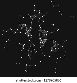 Vector illustration of an abstract plexus structure forming a geometric pattern on a black background. Network connection between dots and lines. Suitable for illustration of block chain technology.