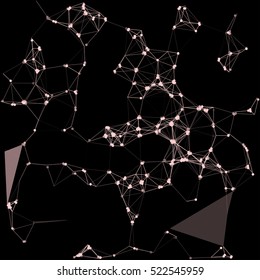 Vector illustration of an abstract plexus structure forming a geometric pattern on a black background. Network connection between dots and lines
