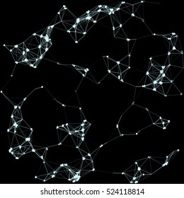 Vector illustration of an abstract plexus structure forming a geometric pattern on a black background. Network connection between dots and lines